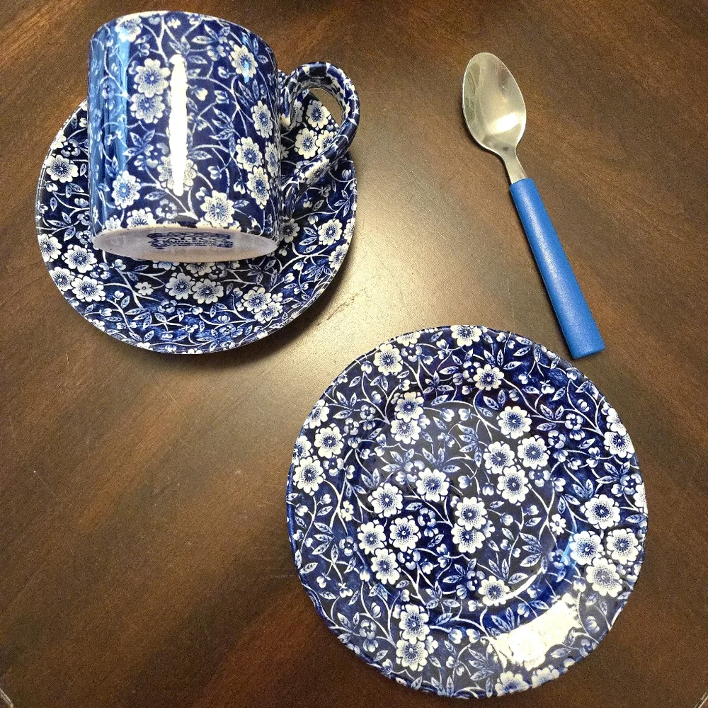 Vtg.Blue Calico Coffee Mug, Saucer, Dessert Plate, Blue Handled Spoon